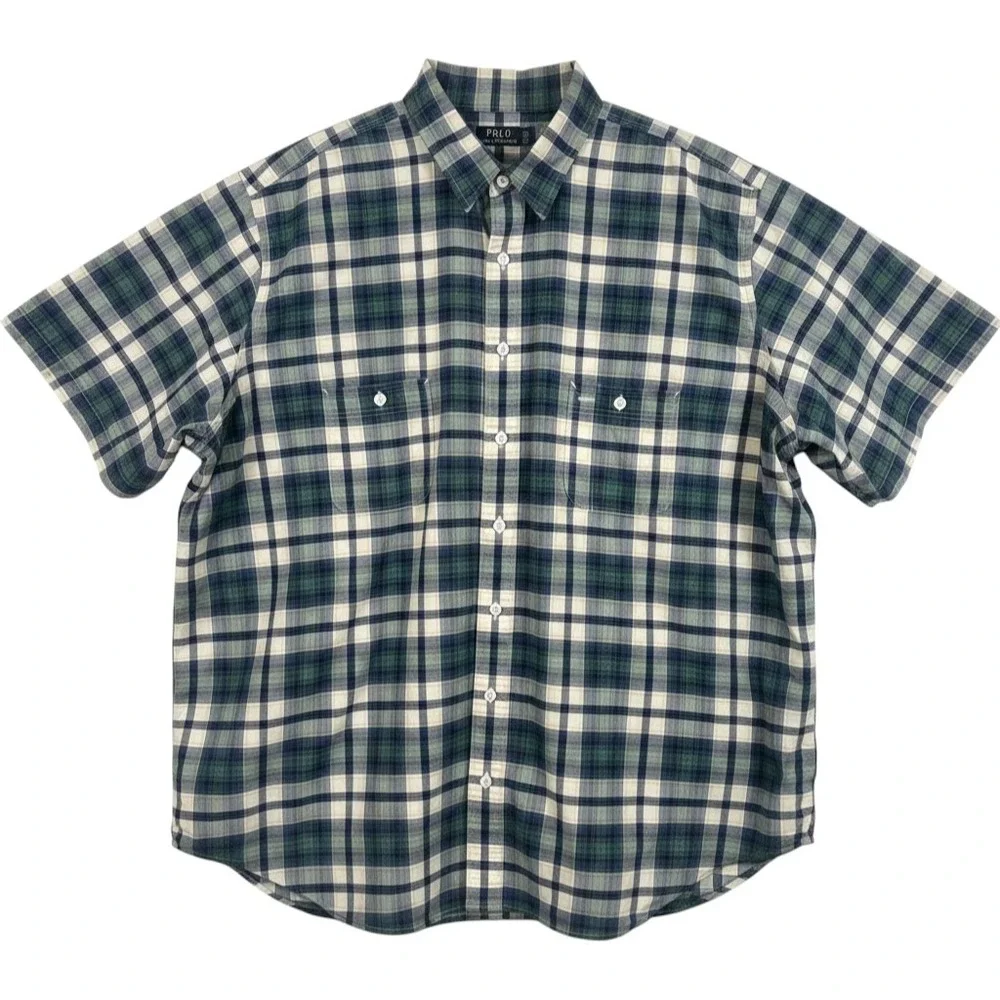 Polo Ralph Lauren Oxford Shirt Mens 3XB Big Tartan Plaid Green Navy Short Sleeve
